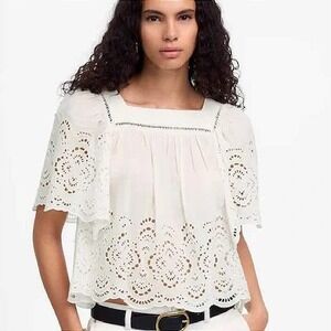 Madewell White Eyelet Square Neck‎ Flutter Sleeve Top XXS